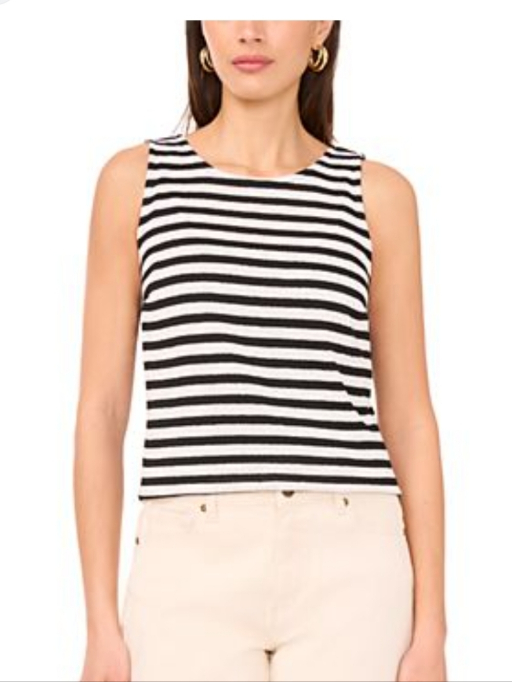 Black & White Stripe Sleeveless Crew Neck Cropped Tank Top, L